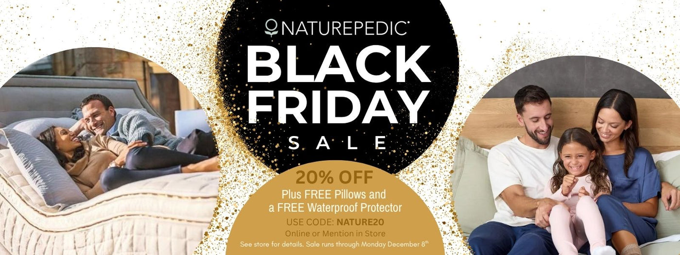 Naturepedic Black Friday sale advertisement with family on a couch and promotional text.